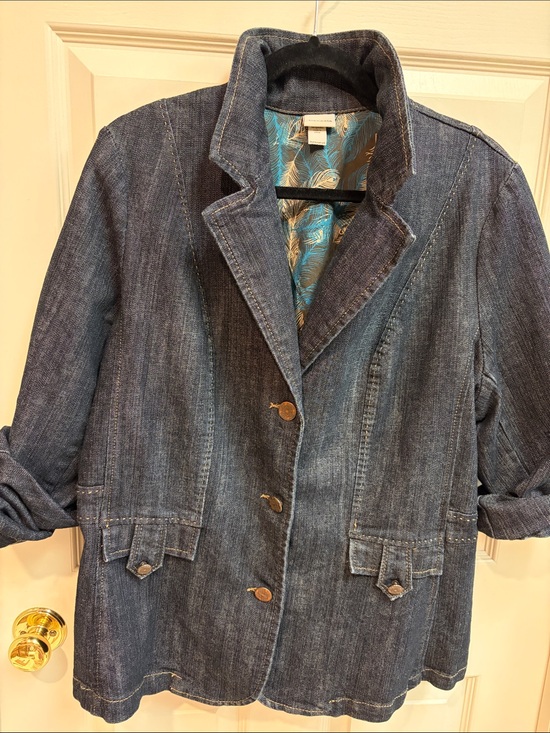 Venezia Jackets & Blazers - Venezia Dark Blue Denim Blazer with Feather-Print Lining& Princess Seams